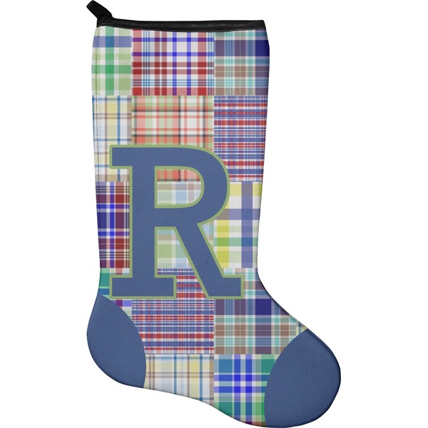 Custom Blue Madras Plaid Print Holiday Stocking - Neoprene (Personalized)