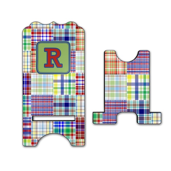 Blue Madras Plaid Print Stylized Phone Stand - Front & Back - Large