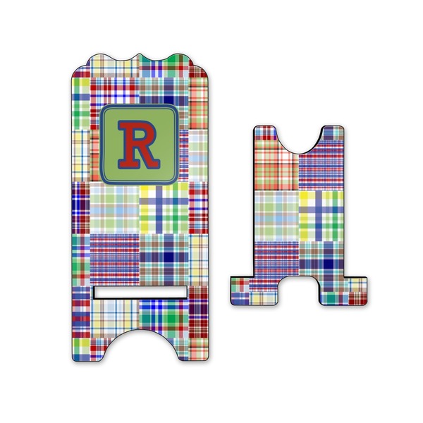 Blue Madras Plaid Print Stylized Phone Stand - Front & Back - Small