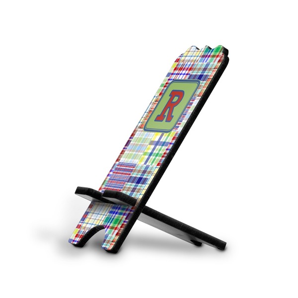 Custom Blue Madras Plaid Print Stylized Cell Phone Stand - Small w/ Initial