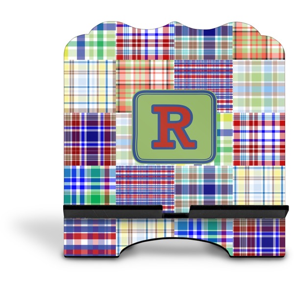 Blue Madras Plaid Print Stylized Tablet Stand - Front without iPad