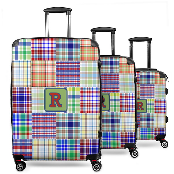 Custom Blue Madras Plaid Print 3 Piece Luggage Set - 20" Carry On, 24" Medium Checked, 28" Large Checked (Personalized)