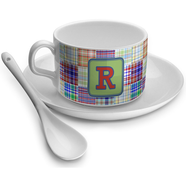 Custom Blue Madras Plaid Print Tea Cup - Single (Personalized)