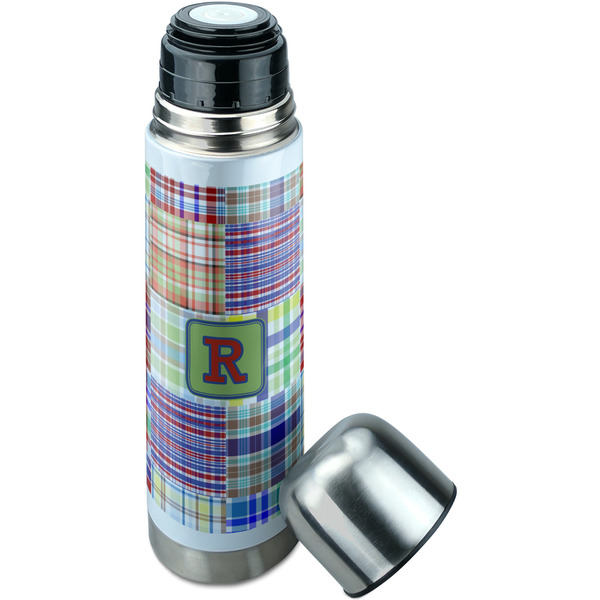 Blue Madras Plaid Print Thermos - Lid Off