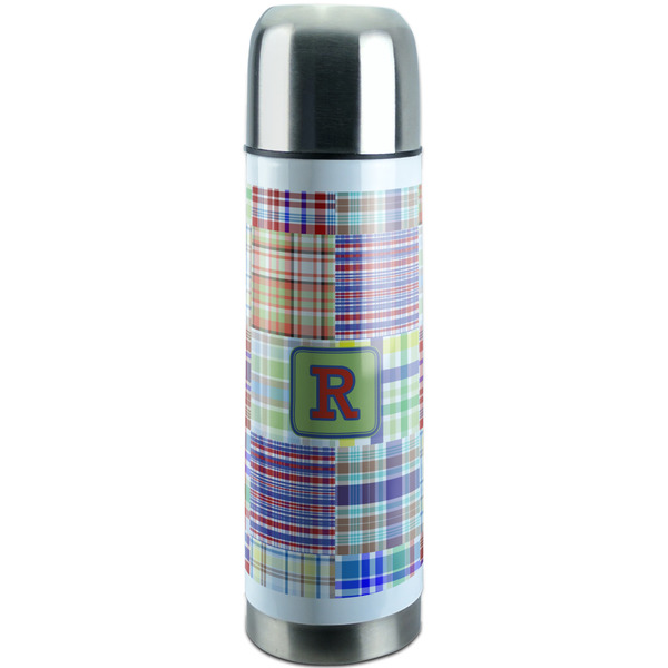Custom Blue Madras Plaid Print Stainless Steel Thermos (Personalized)