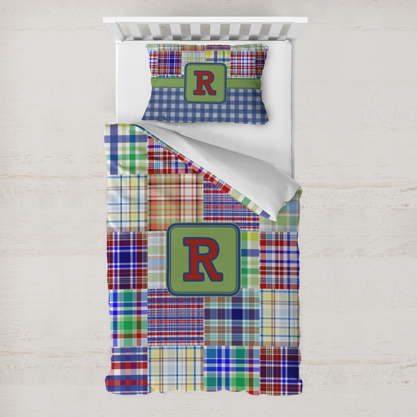 Custom Blue Madras Plaid Print Toddler Bedding Set - With Pillowcase (Personalized)