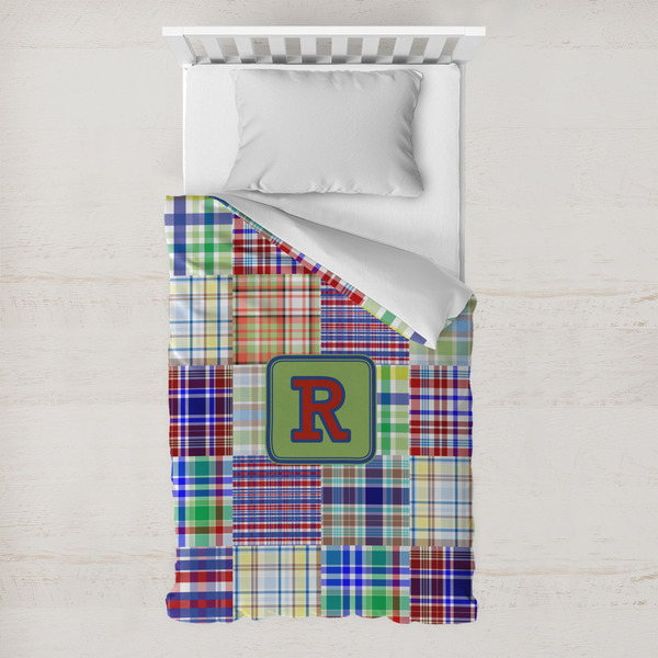Custom Blue Madras Plaid Print Toddler Duvet Cover w/ Initial