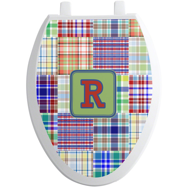Custom Blue Madras Plaid Print Toilet Seat Decal - Elongated (Personalized)