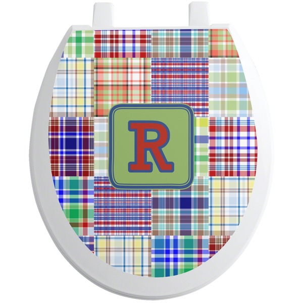 Custom Blue Madras Plaid Print Toilet Seat Decal - Round (Personalized)