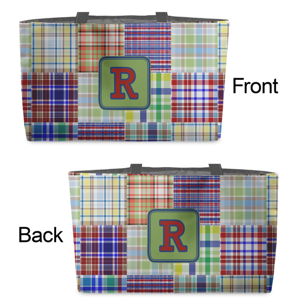 Blue Madras Plaid Print Tote w/Black Handles - Front & Back Views