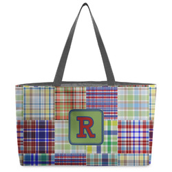 Blue Madras Plaid Print Beach Totes Bag - w/ Black Handles (Personalized)