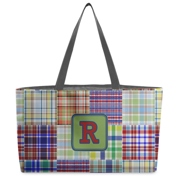 Custom Blue Madras Plaid Print Beach Totes Bag - w/ Black Handles (Personalized)