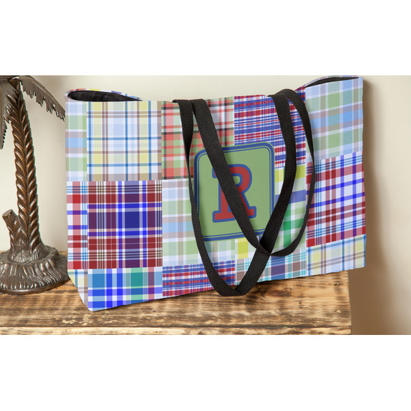 Blue Madras Plaid Print Tote w/Black Handles - Lifestyle View