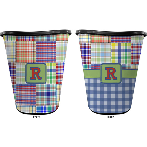 Blue Madras Plaid Print Trash Can Black - Front and Back - Apvl