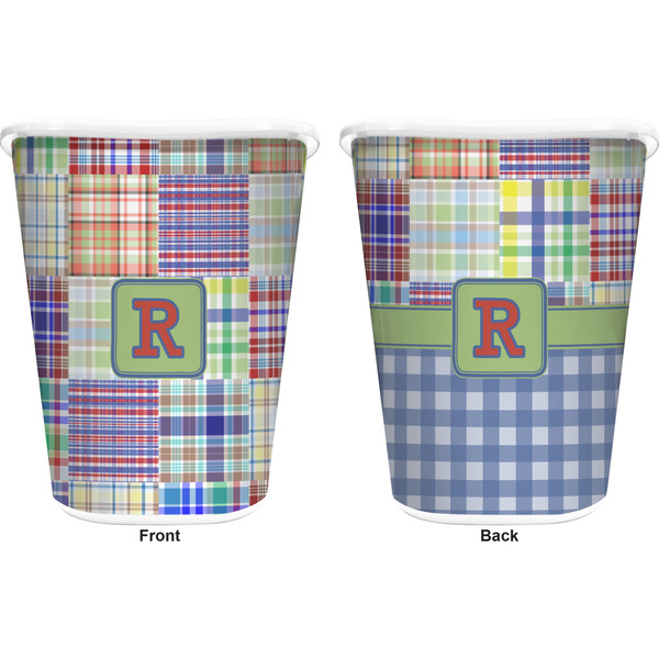Blue Madras Plaid Print Trash Can White - Front and Back - Apvl