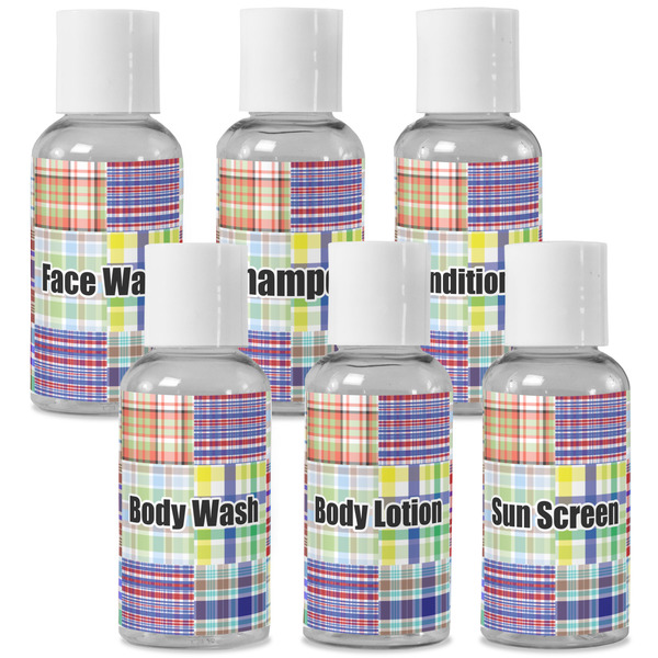 Custom Blue Madras Plaid Print Travel Bottles (Personalized)