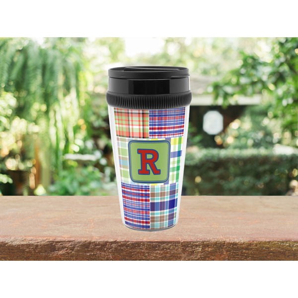 Blue Madras Plaid Print Travel Mug Lifestyle (Personalized)