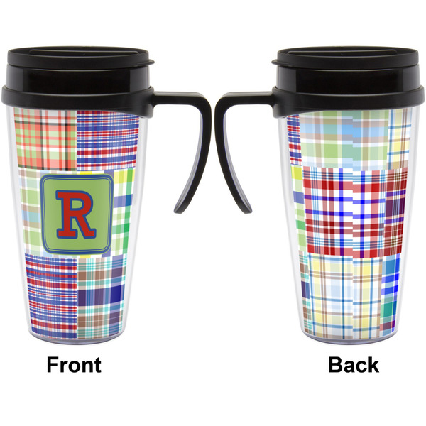 Blue Madras Plaid Print Travel Mug with Black Handle - Approval