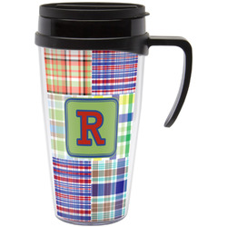 Blue Madras Plaid Print Acrylic Travel Mug with Handle (Personalized)