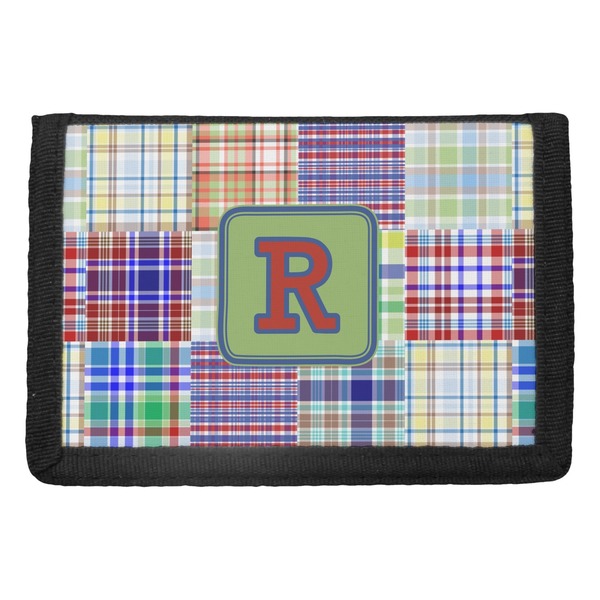 Custom Blue Madras Plaid Print Trifold Wallet (Personalized)