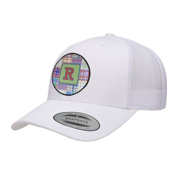 Custom Blue Madras Plaid Print Trucker Hat - White (Personalized)