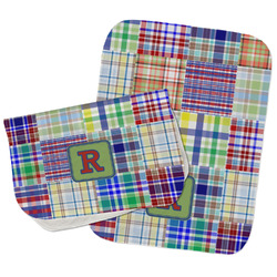 Blue Madras Plaid Print Burp Cloths - Fleece - Set of 2 w/ Initial