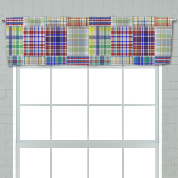 Blue Madras Plaid Print Valance - Closeup on window