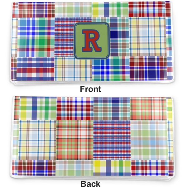 Blue Madras Plaid Print Vinyl Check Book Cover - Front and Back