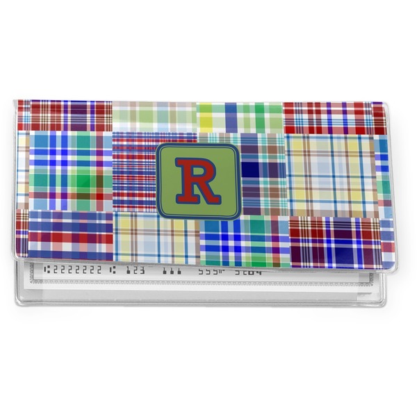Custom Blue Madras Plaid Print Vinyl Checkbook Cover (Personalized)