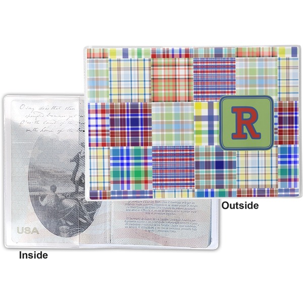 Blue Madras Plaid Print Vinyl Passport Holder - Flat Front and Back