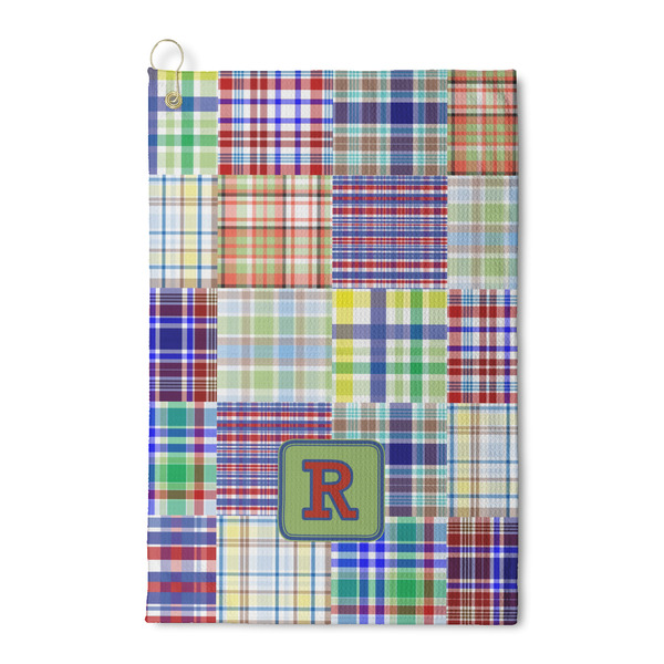 Custom Blue Madras Plaid Print Waffle Weave Golf Towel (Personalized)