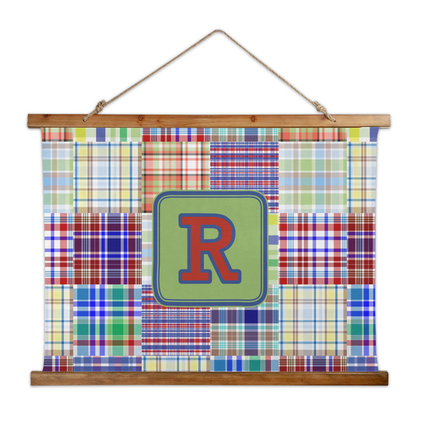 Custom Blue Madras Plaid Print Wall Hanging Tapestry - Wide (Personalized)