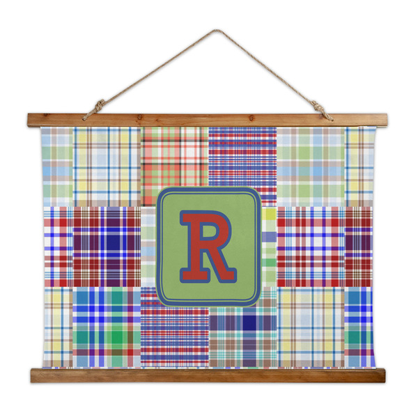 Custom Blue Madras Plaid Print Wall Hanging Tapestry - Wide (Personalized)