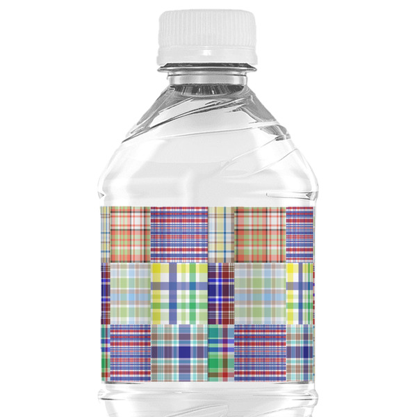 Blue Madras Plaid Print Water Bottle Label - Back View