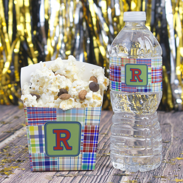 Blue Madras Plaid Print Water Bottle Label - w/ Favor Box