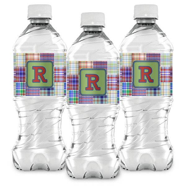 Blue Madras Plaid Print Water Bottle Labels - Front View