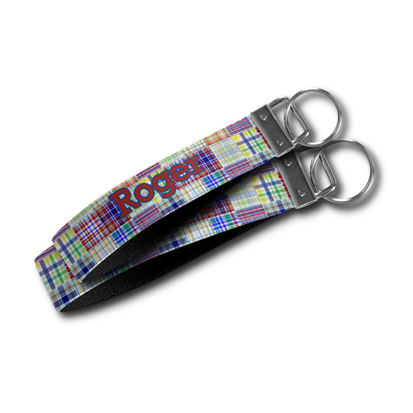 Blue Madras Plaid Print Webbing Keychain FOBs - Size Comparison