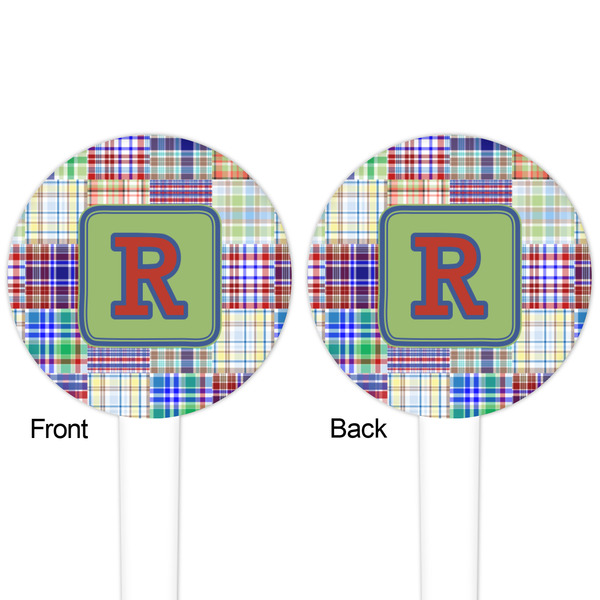 Blue Madras Plaid Print White Plastic 4" Food Pick - Round - Double Sided - Front & Back