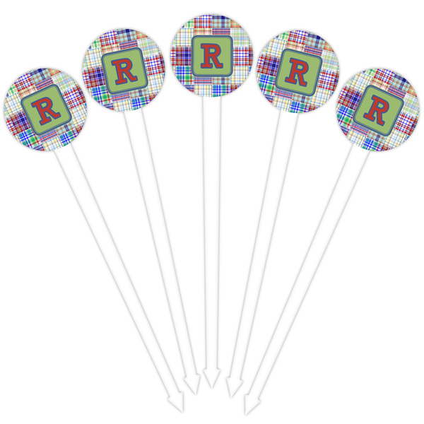 Blue Madras Plaid Print White Plastic 4" Food Pick - Round - Fan View