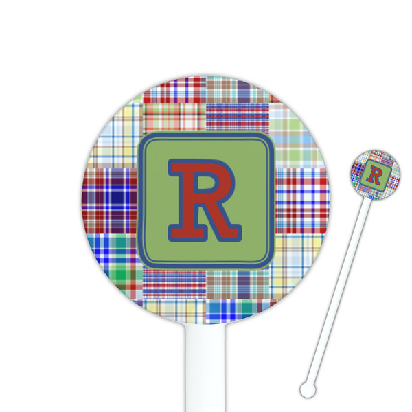 Custom Blue Madras Plaid Print 5.5" Round Plastic Stir Sticks - White - Single Sided (Personalized)