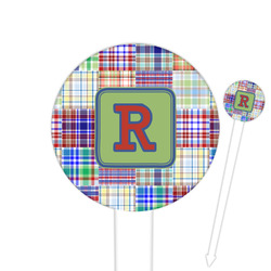 Blue Madras Plaid Print 6" Round Plastic Food Picks - White - Double Sided (Personalized)
