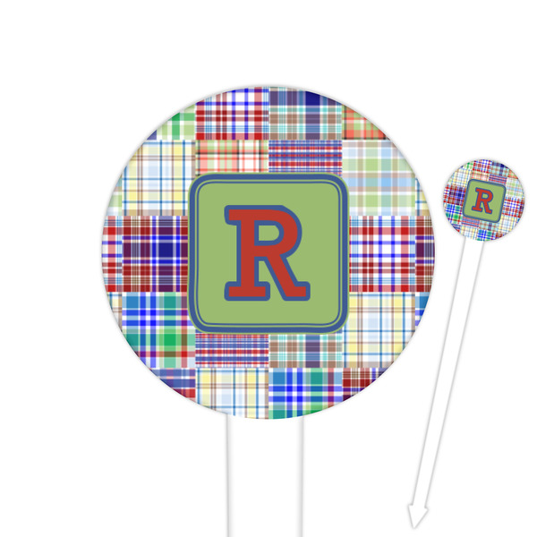Custom Blue Madras Plaid Print Round Plastic Food Picks (Personalized)
