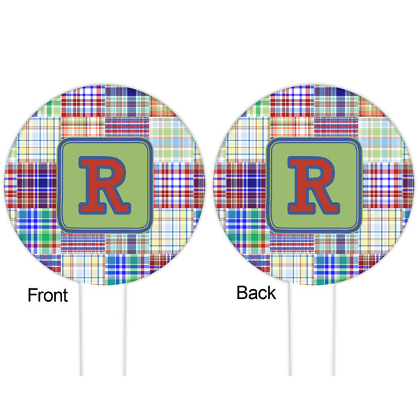 Blue Madras Plaid Print White Plastic 6" Food Pick - Round - Double Sided - Front & Back