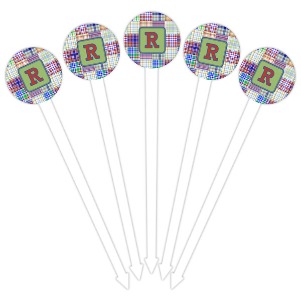 Blue Madras Plaid Print White Plastic 6" Food Pick - Round - Fan View