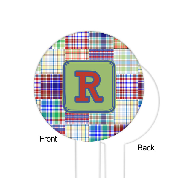 Blue Madras Plaid Print White Plastic 6" Food Pick - Round - Single Sided - Front & Back