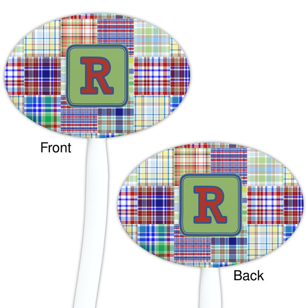 Blue Madras Plaid Print White Plastic 7" Stir Stick - Double Sided - Oval - Front & Back