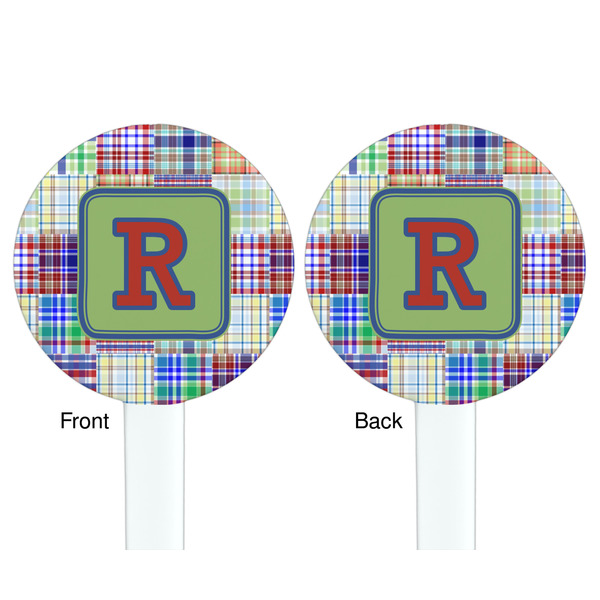Blue Madras Plaid Print White Plastic 7" Stir Stick - Double Sided - Round - Front & Back