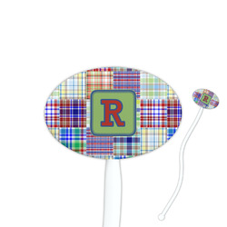 Blue Madras Plaid Print Oval Plastic Stir Sticks (Personalized)