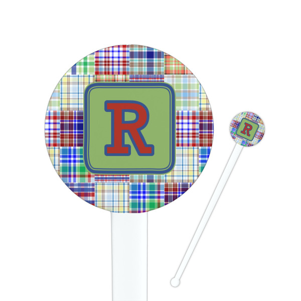 Custom Blue Madras Plaid Print Round Plastic Stir Sticks (Personalized)