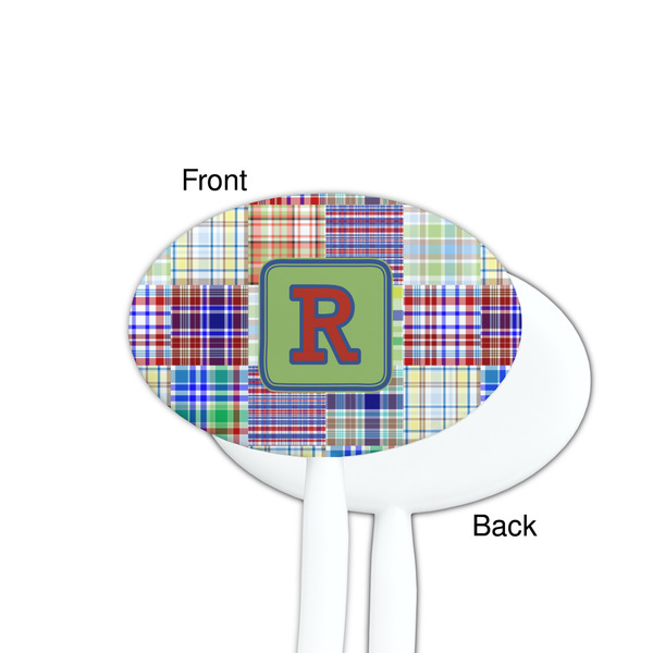 Blue Madras Plaid Print White Plastic 7" Stir Stick - Single Sided - Oval - Front & Back